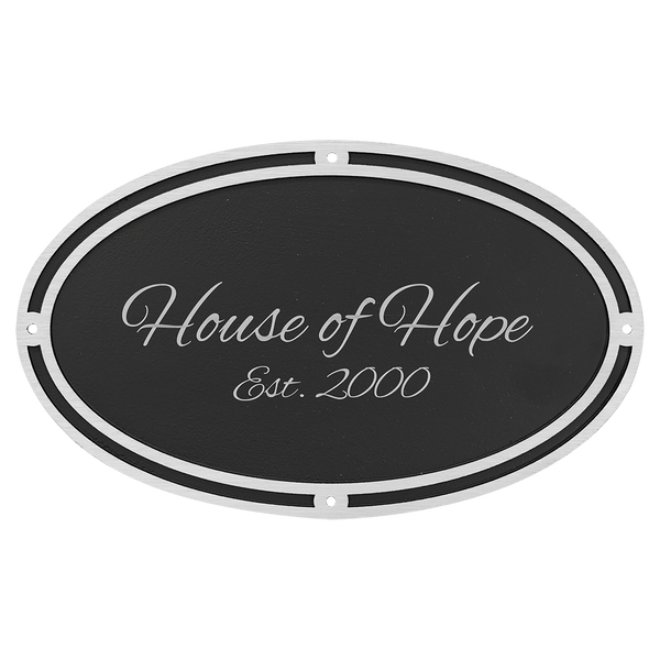 Silver/Black Oval Cast Aluminum Sign with 4 Mounting Screws