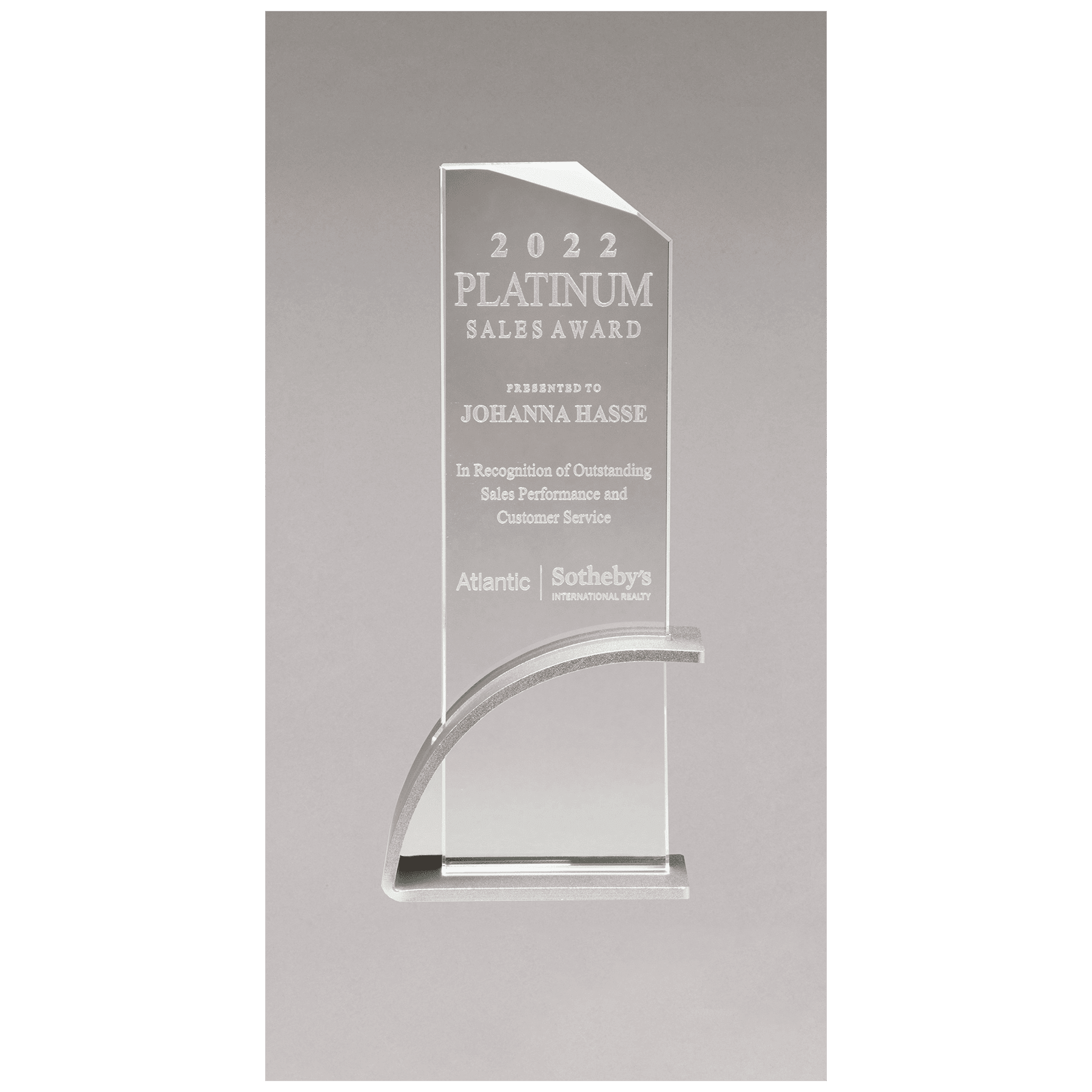 Thick Silver Contemporary Clear Glass Award, Arched Base with Matte Metallic Finish