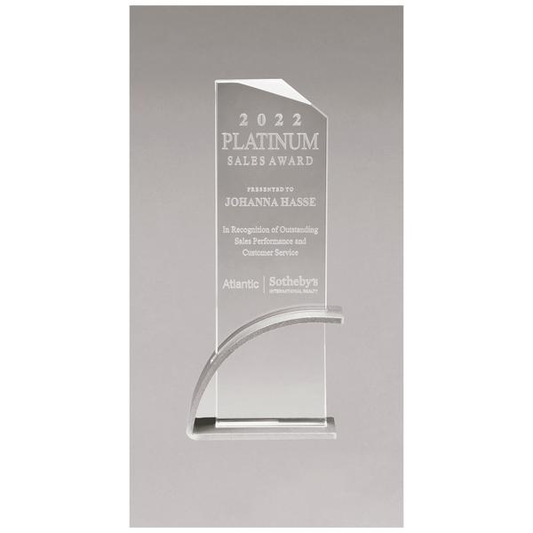 Thick Silver Contemporary Clear Glass Award, Arched Base with Matte Metallic Finish