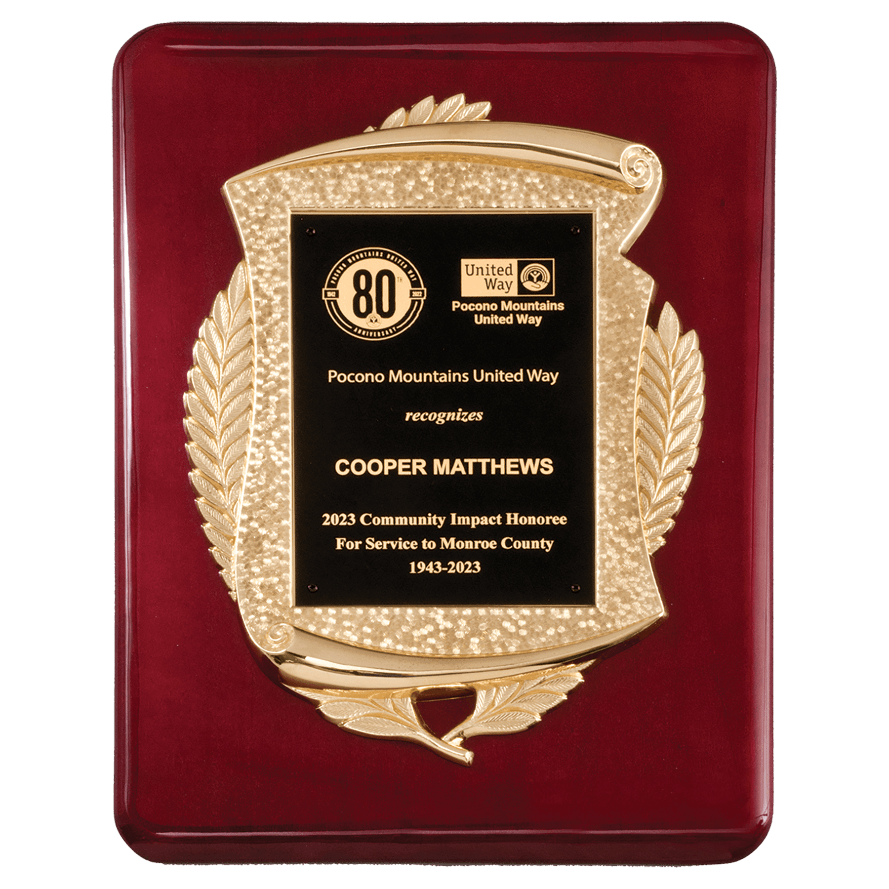Rosewood Piano Finish Plaque with Metal Gold Scroll Frame Casting and Black LaserFX Plate