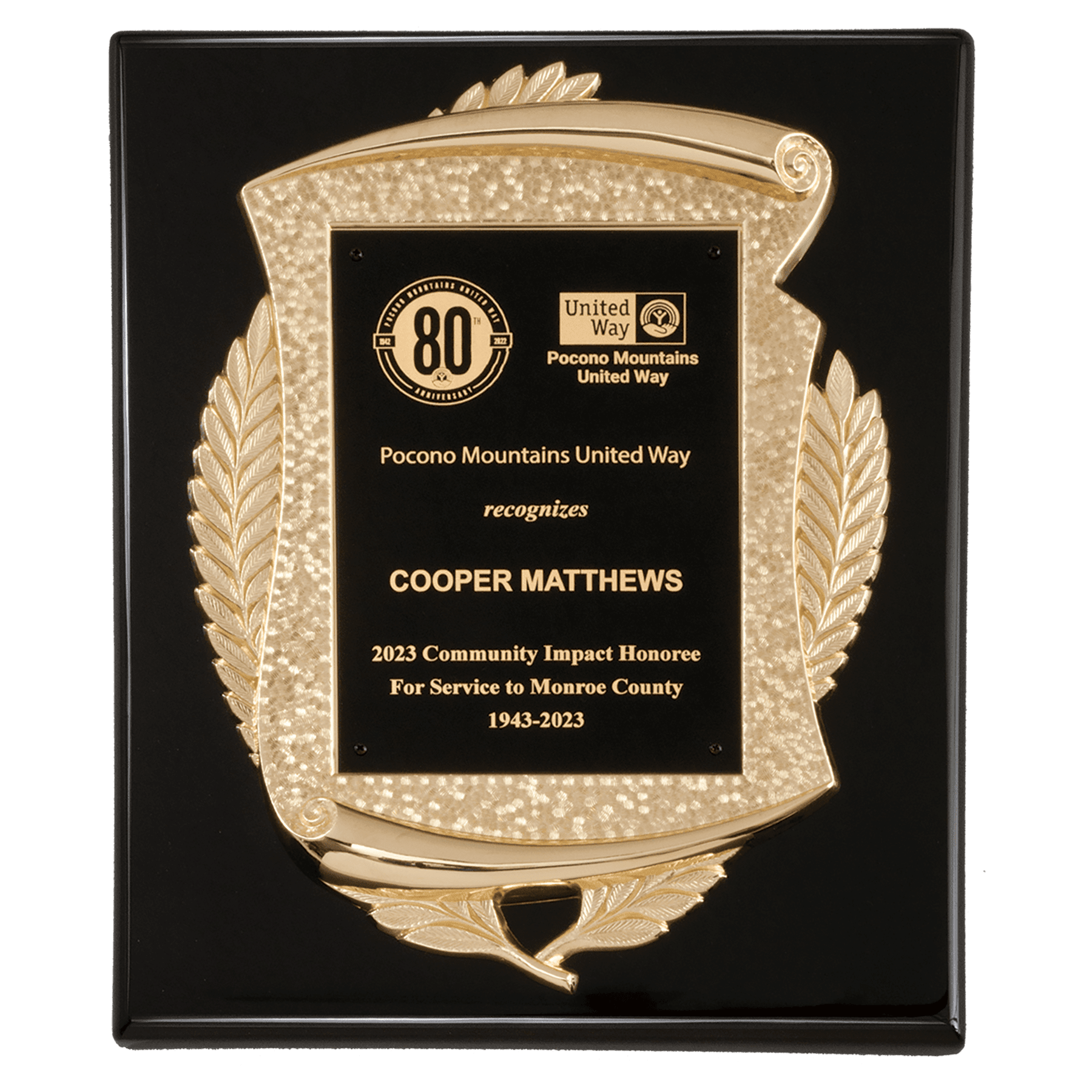 Black Piano Finish Plaque with Metal Gold Scroll Frame Casting and Black LaserFX Plate