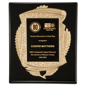 Black Piano Finish Plaque with Metal Gold Scroll Frame Casting and Black LaserFX Plate